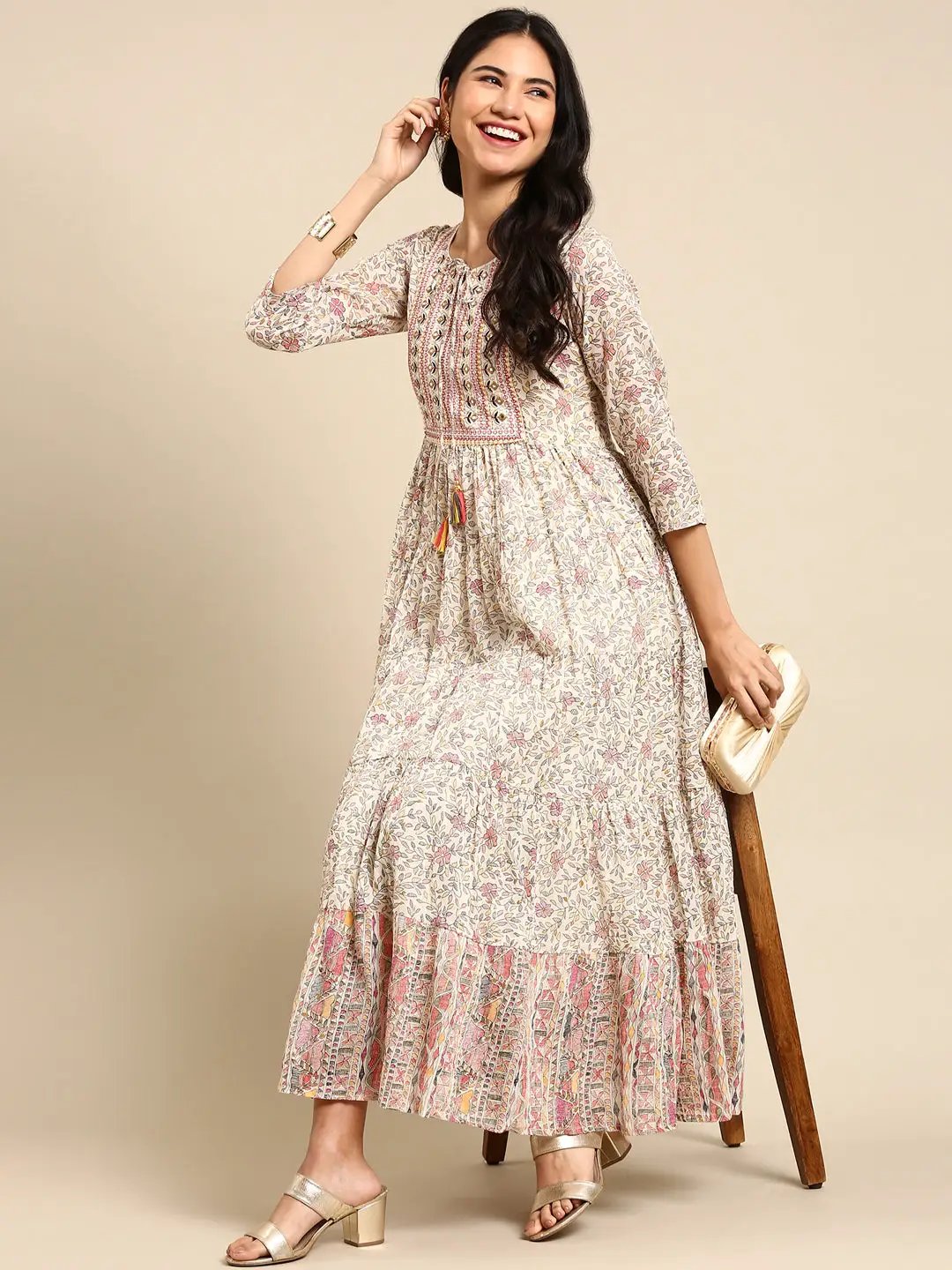 Women's Beige Printed Anarkali Kurta