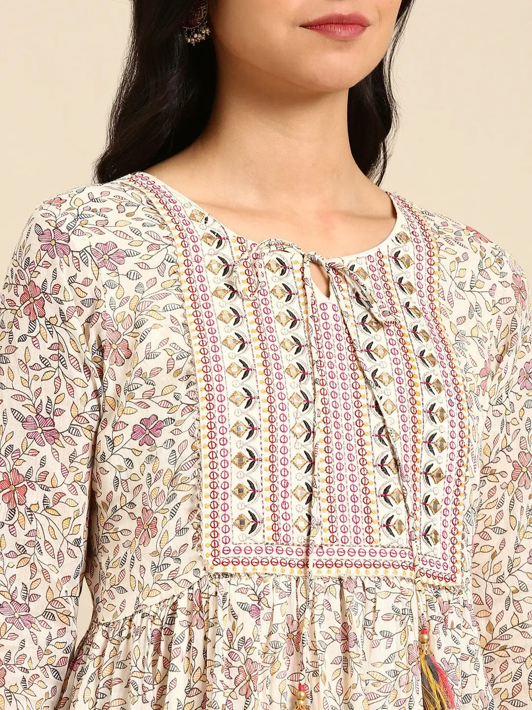 Women's Beige Printed Anarkali Kurta