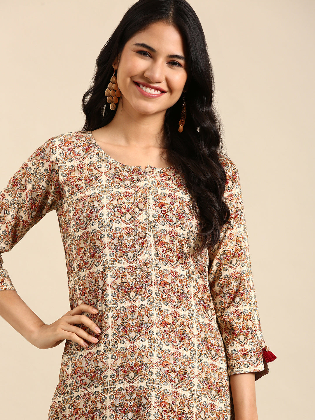 Women's Cream Printed Straight Kurta