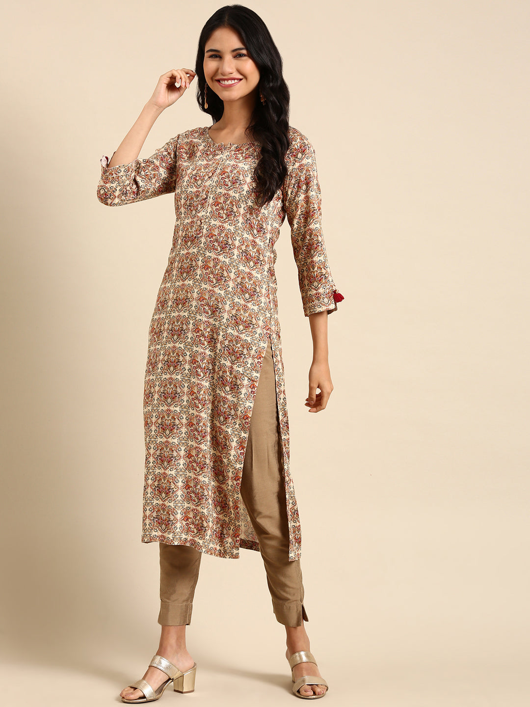 Women's Cream Printed Straight Kurta