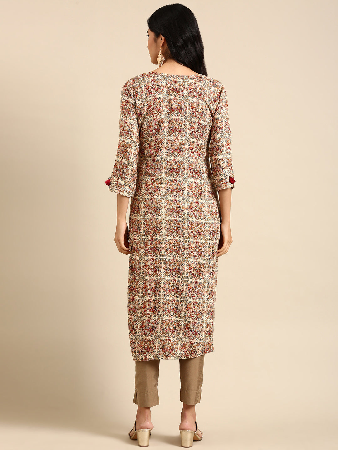 Women's Cream Printed Straight Kurta