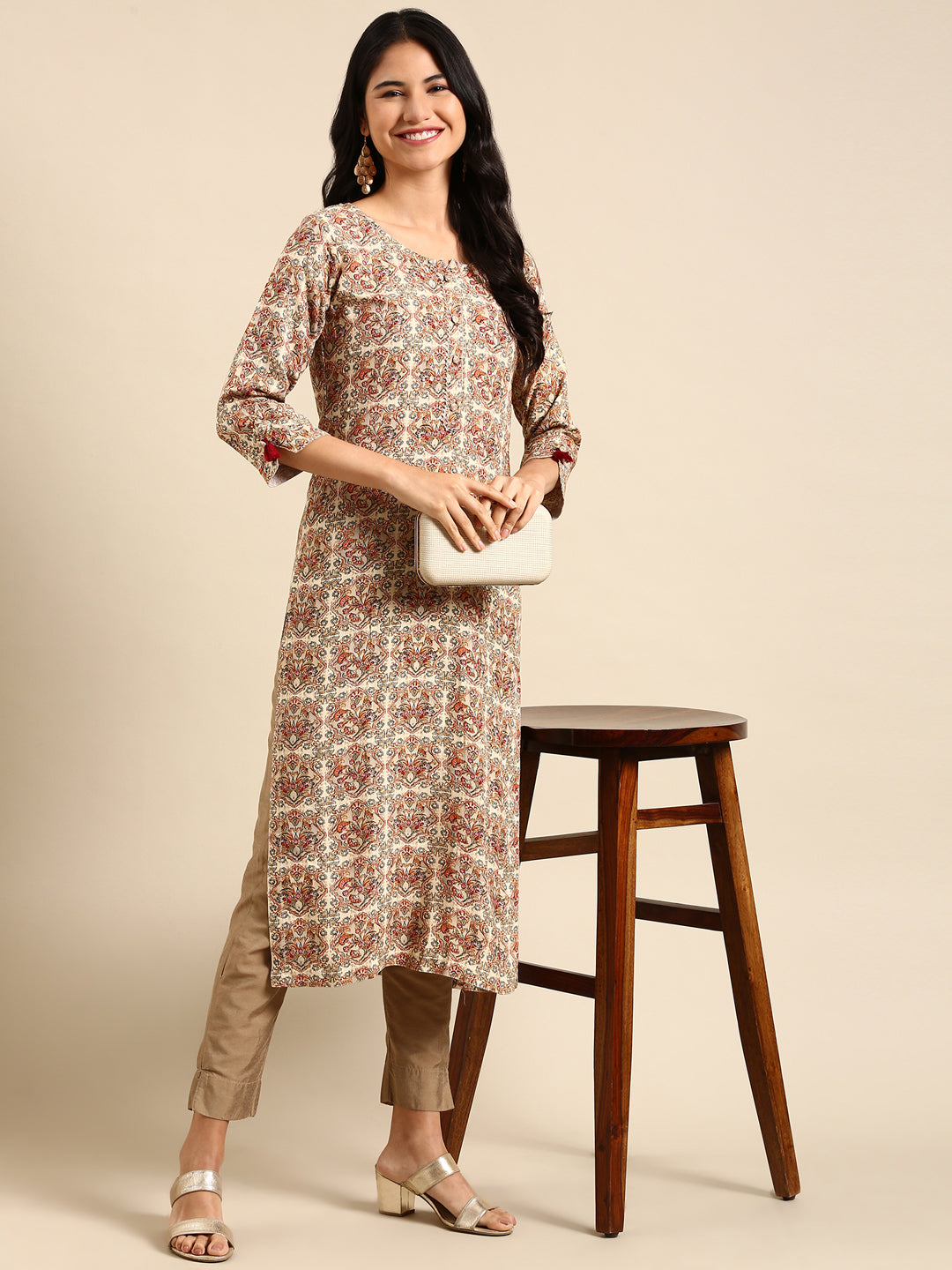 Women's Cream Printed Straight Kurta