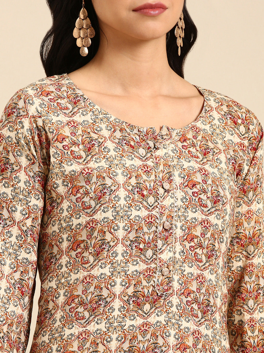 Women's Cream Printed Straight Kurta