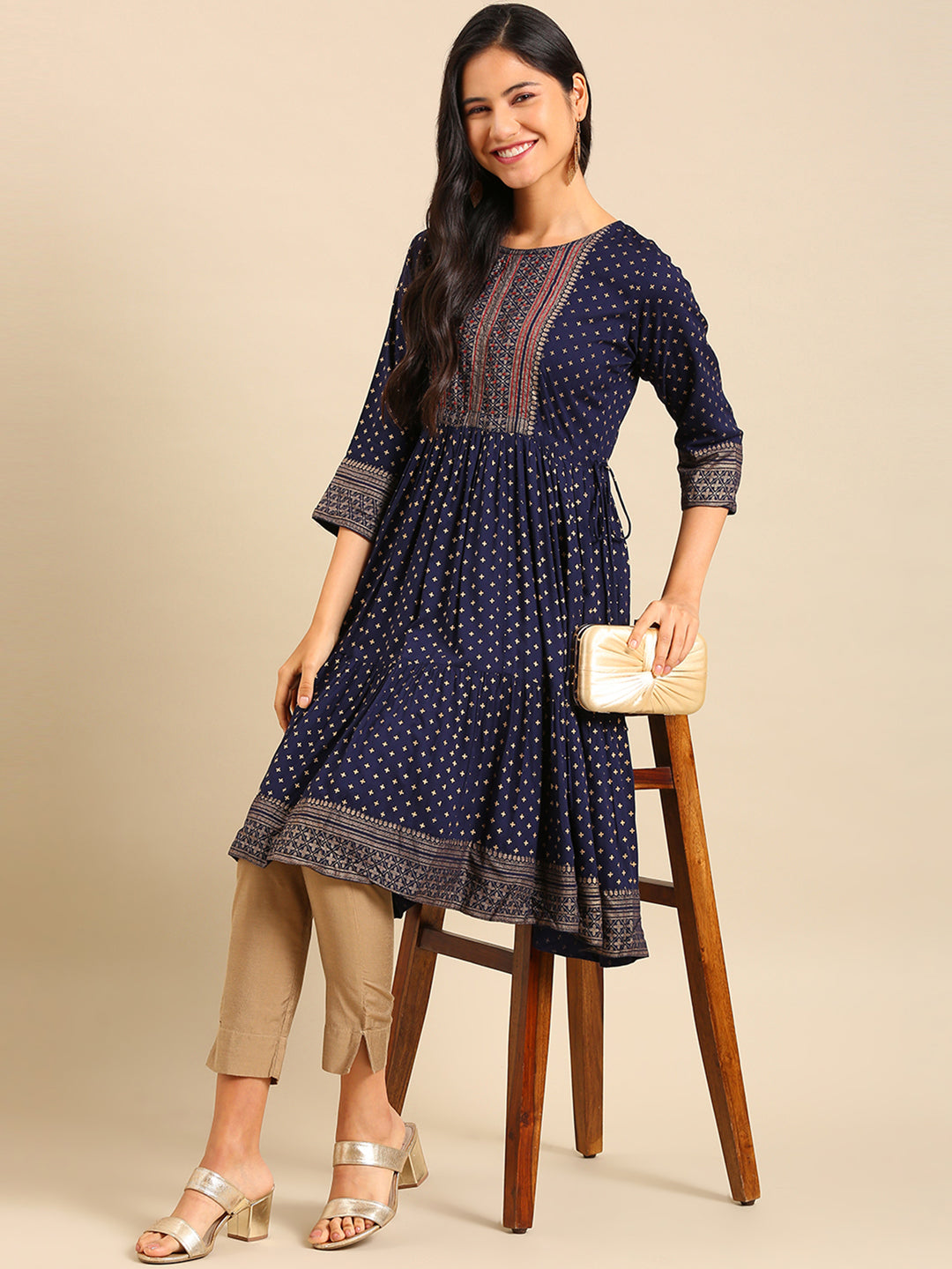 Women's Navy Blue Printed Anarkali Kurta