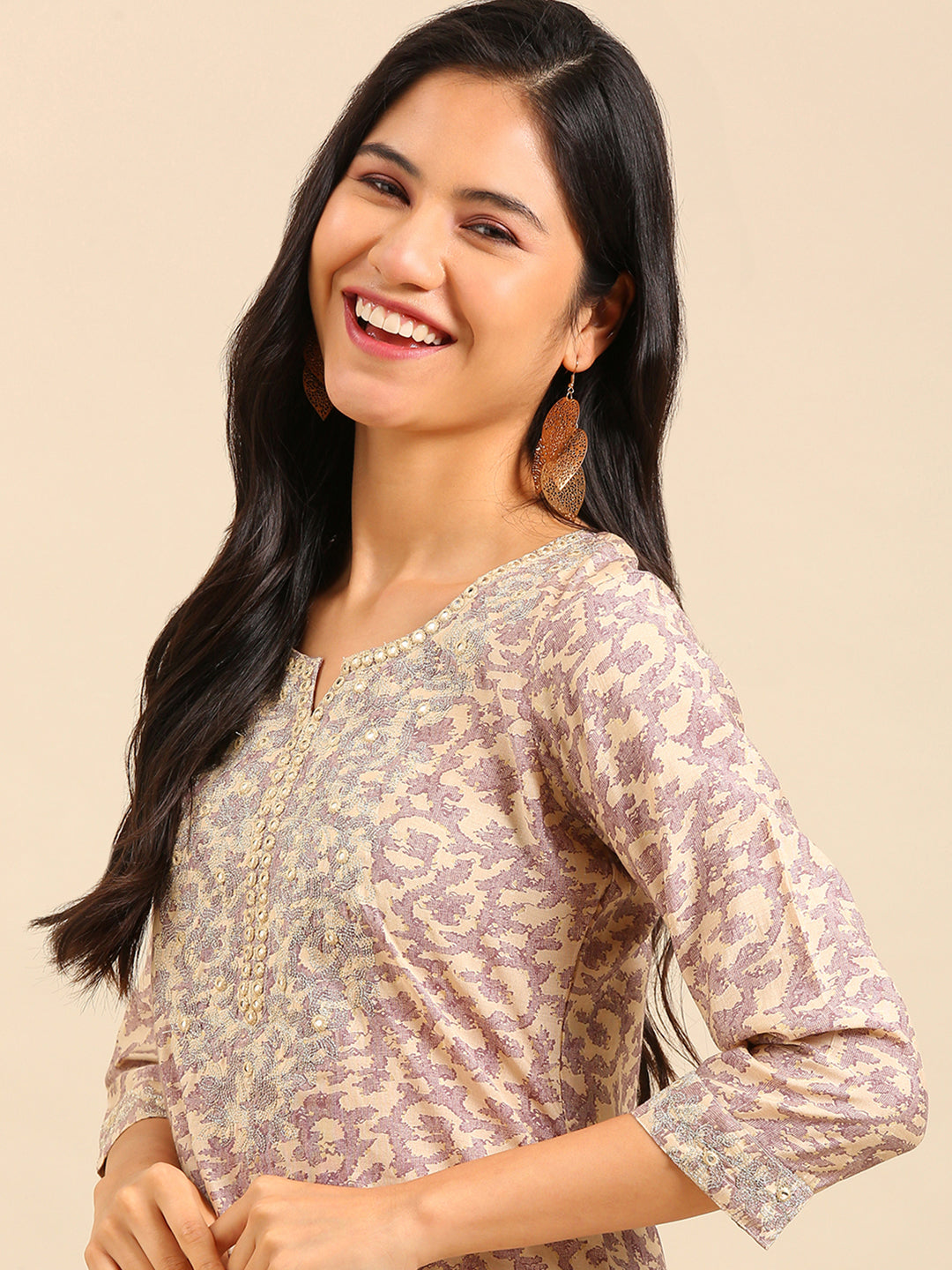 Women's Beige Printed Straight Kurta