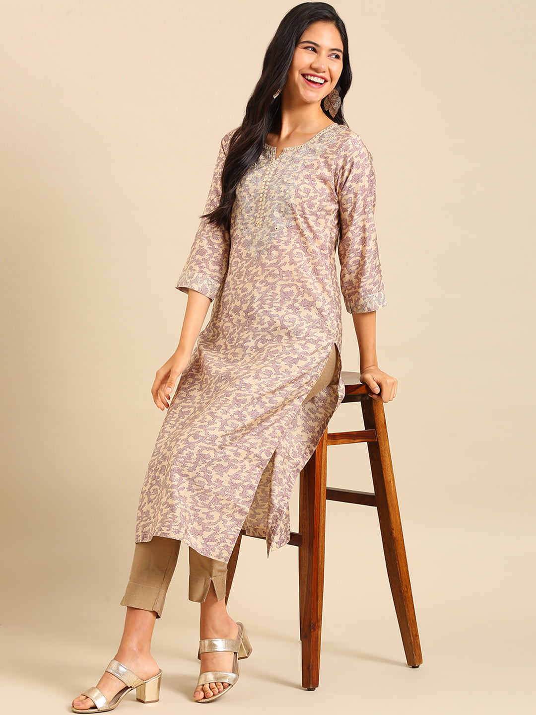 Women's Beige Printed Straight Kurta