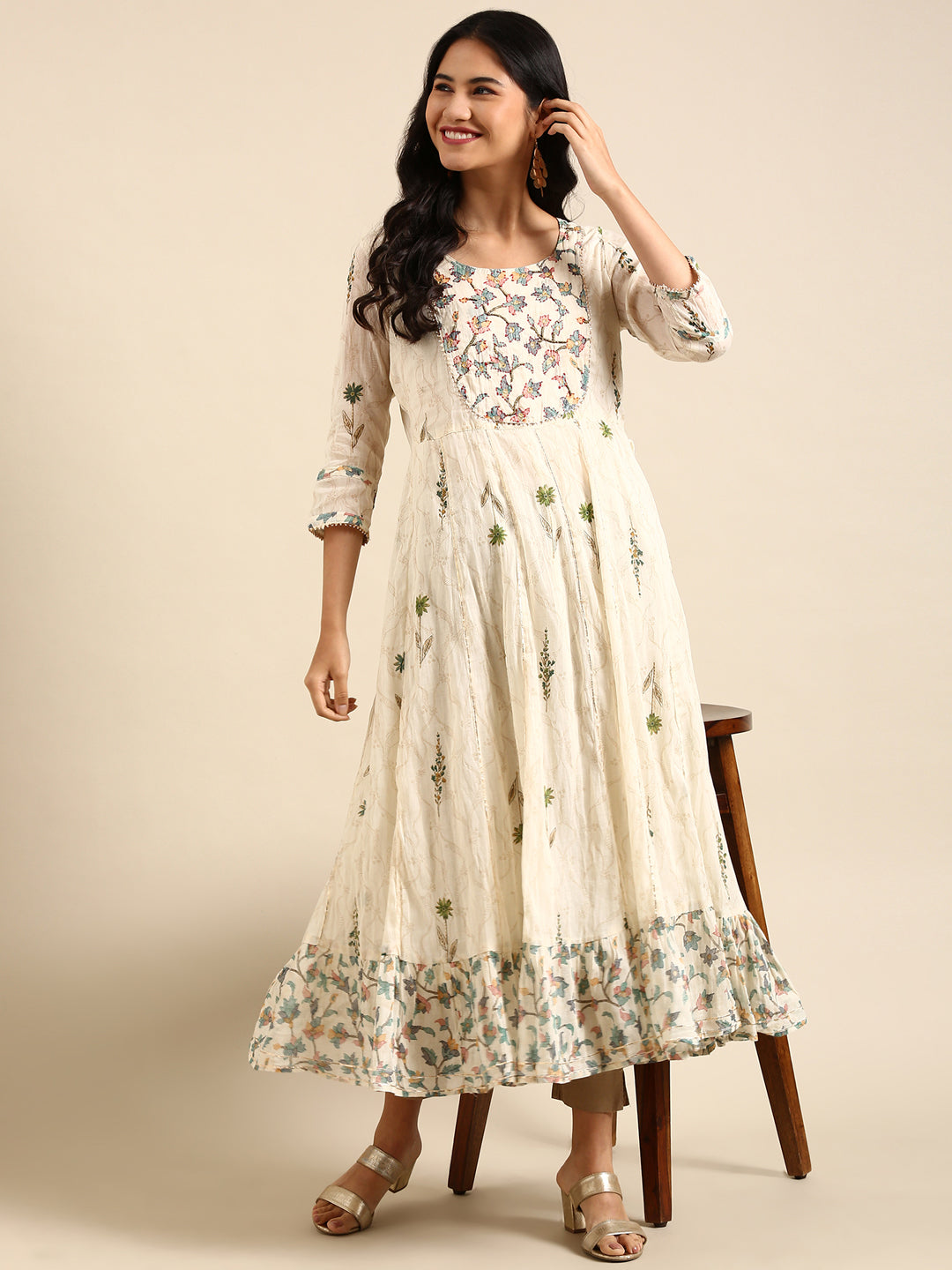 Women's White Printed Anarkali Kurta