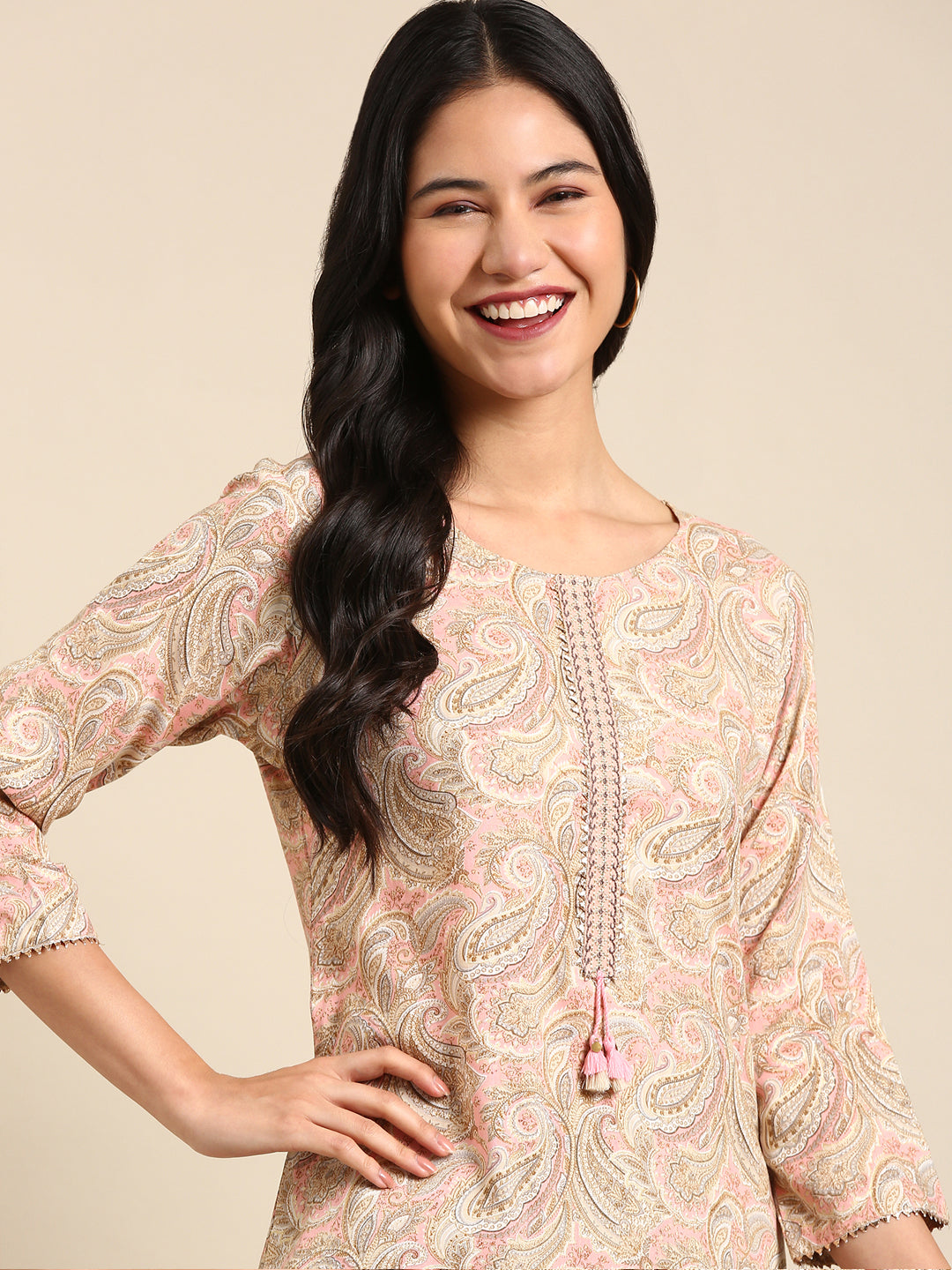 Women's Beige Printed Straight Kurta