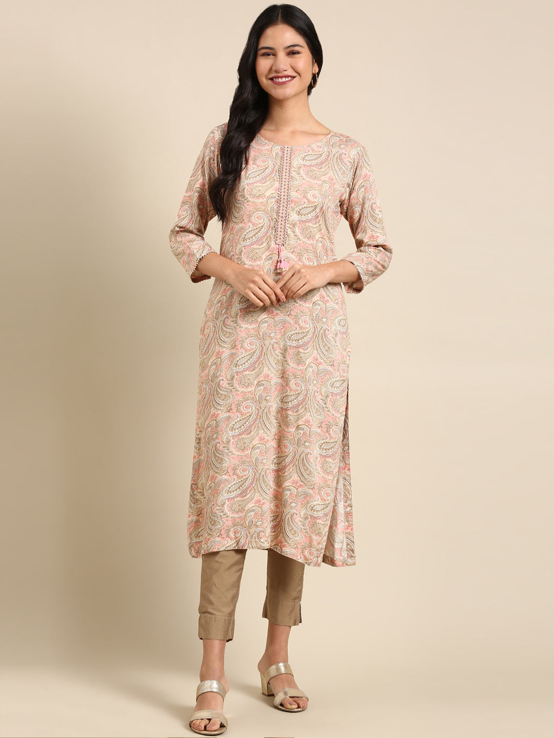 Women's Beige Printed Straight Kurta