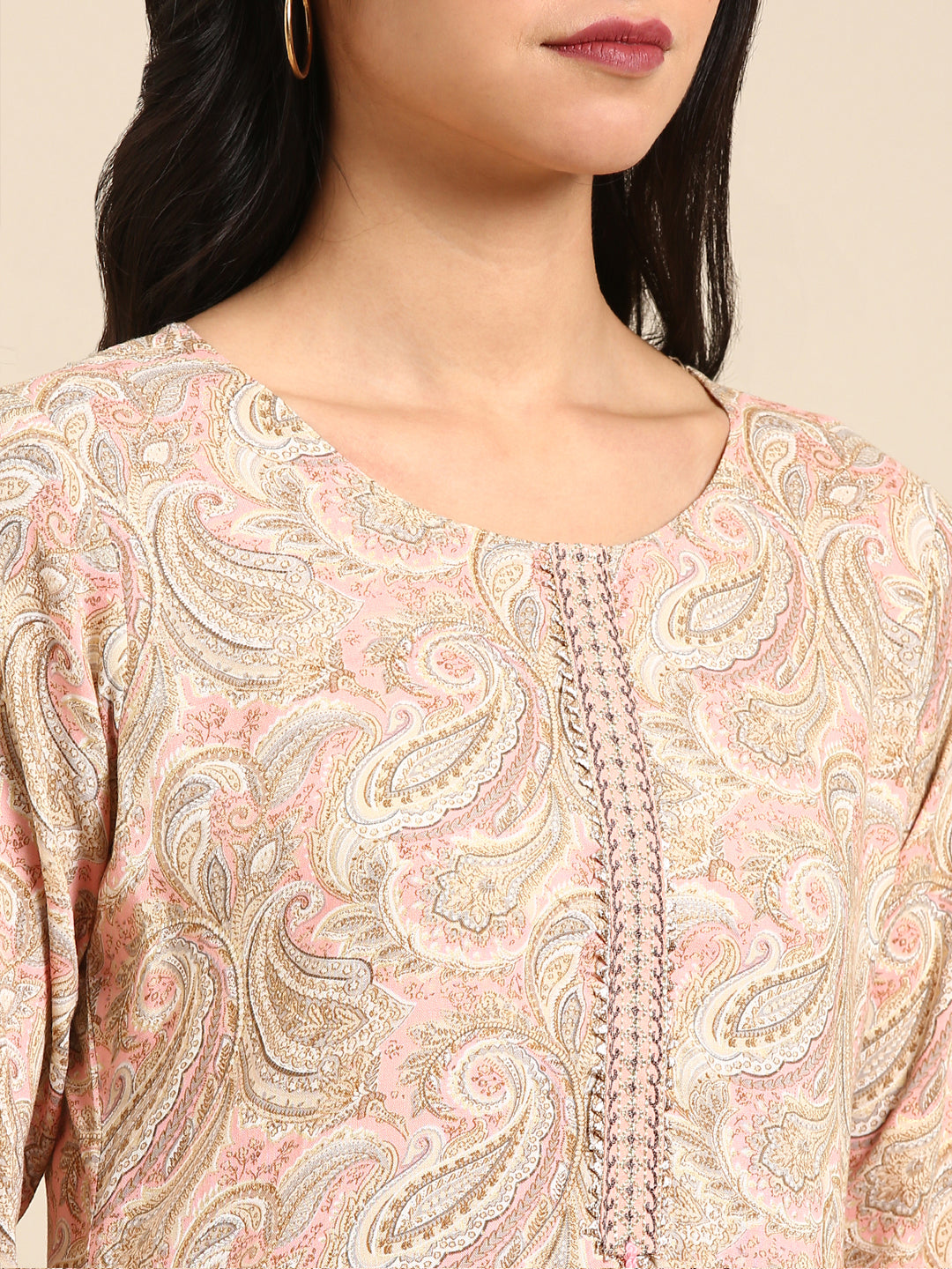 Women's Beige Printed Straight Kurta
