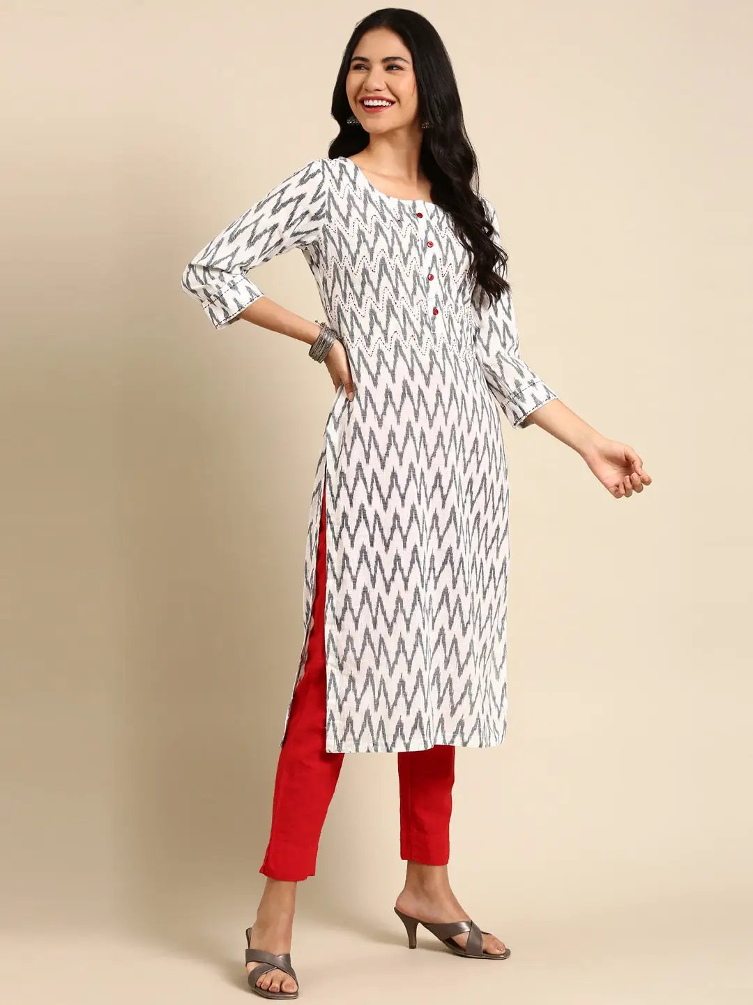 Women's White Printed Straight Kurta