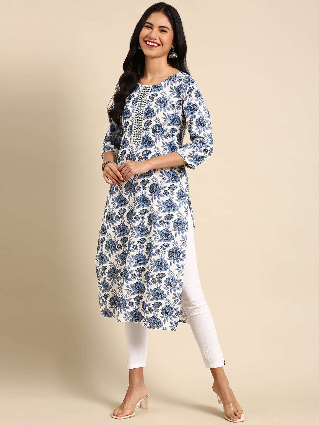 Women's White Printed Straight Kurta