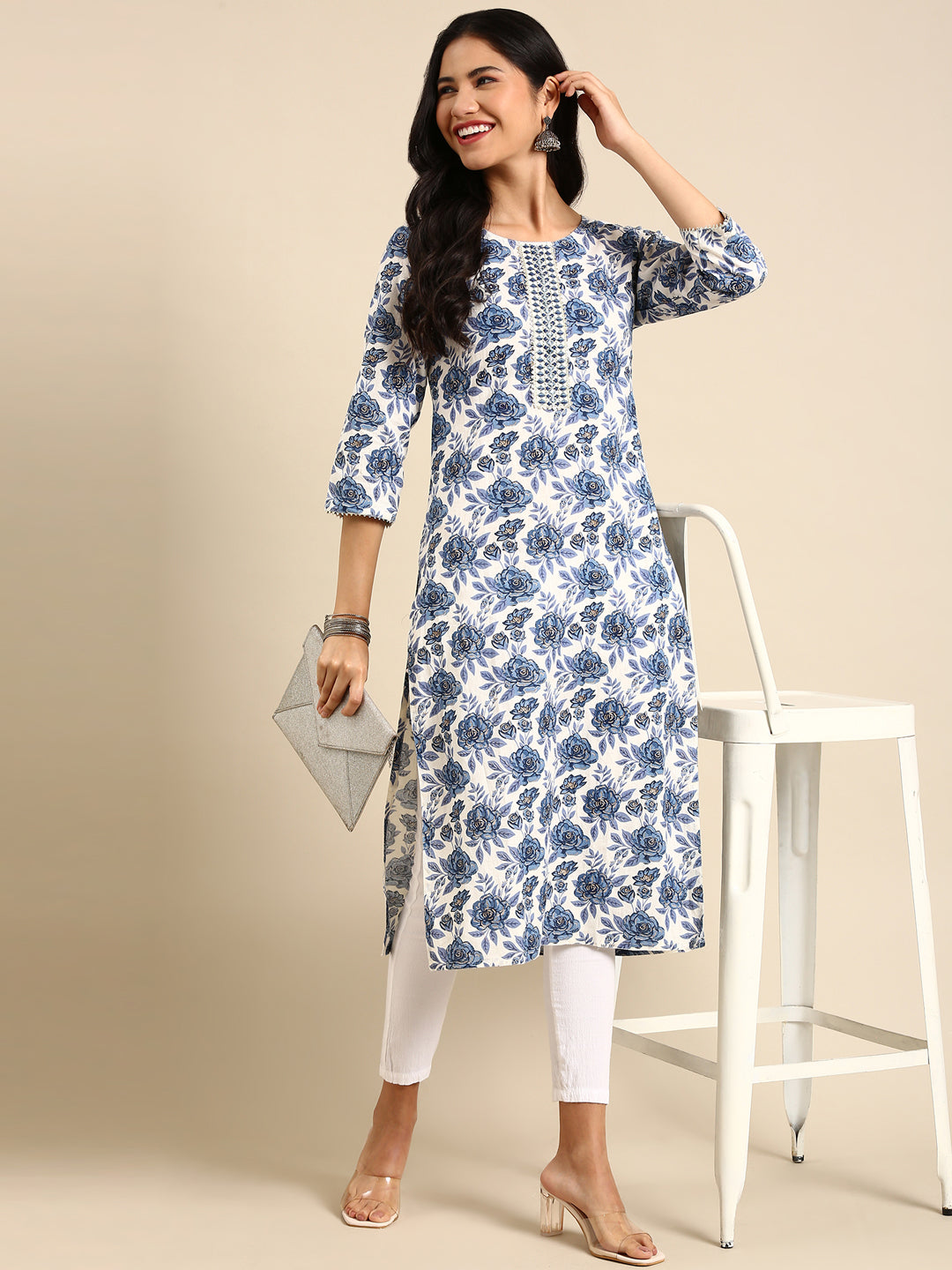 Women's White Printed Straight Kurta