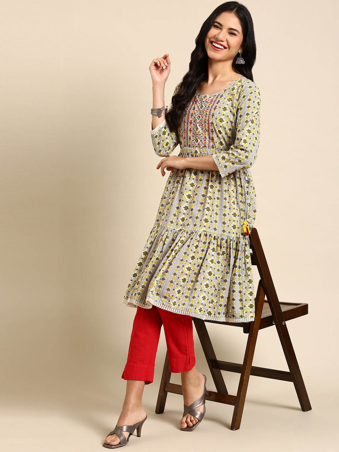 Women's Grey Printed Anarkali Kurta