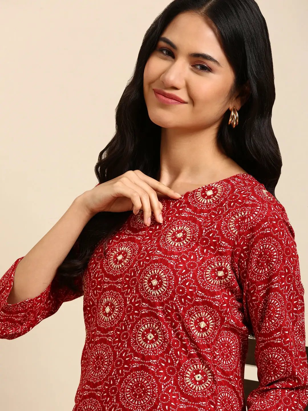 Women's Red Printed Straight Kurta