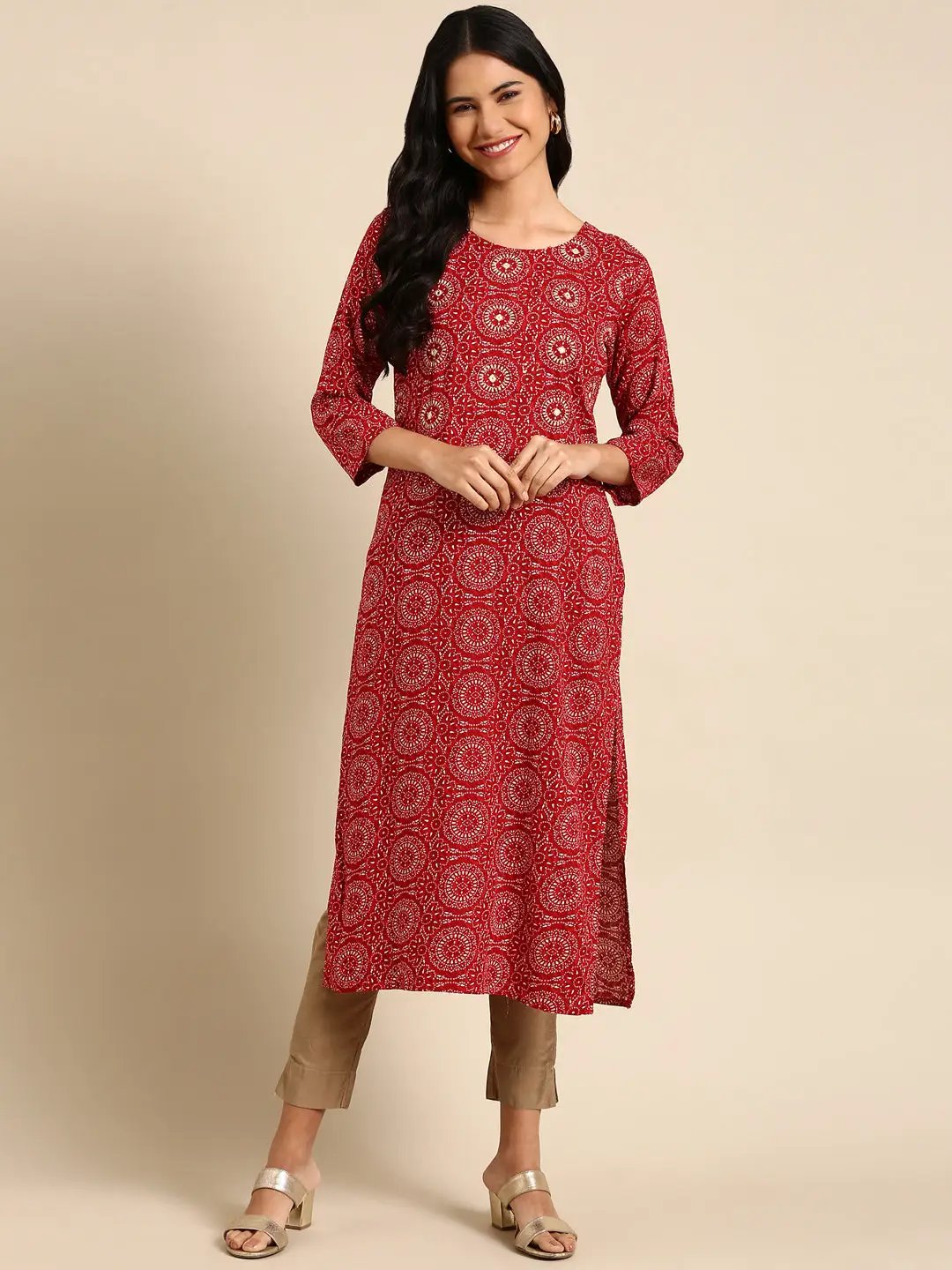Women's Red Printed Straight Kurta
