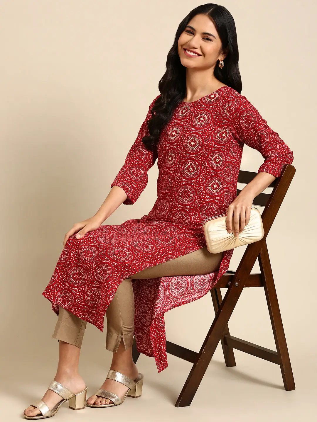 Women's Red Printed Straight Kurta