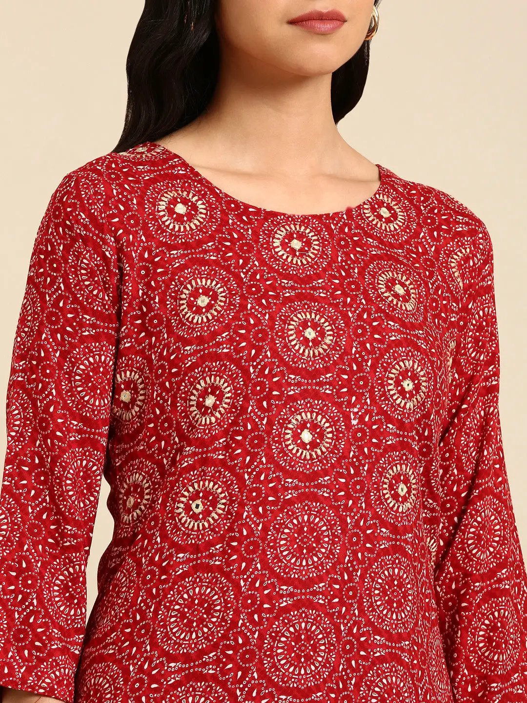 Women's Red Printed Straight Kurta