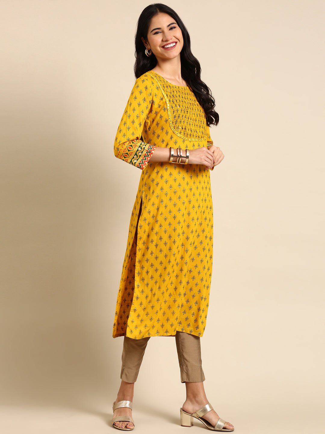 Women's Yellow Printed Straight Kurta