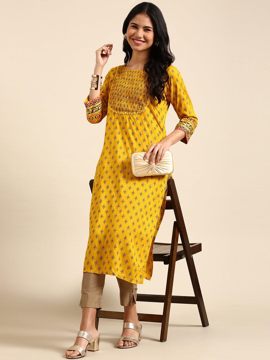 Women's Yellow Printed Straight Kurta