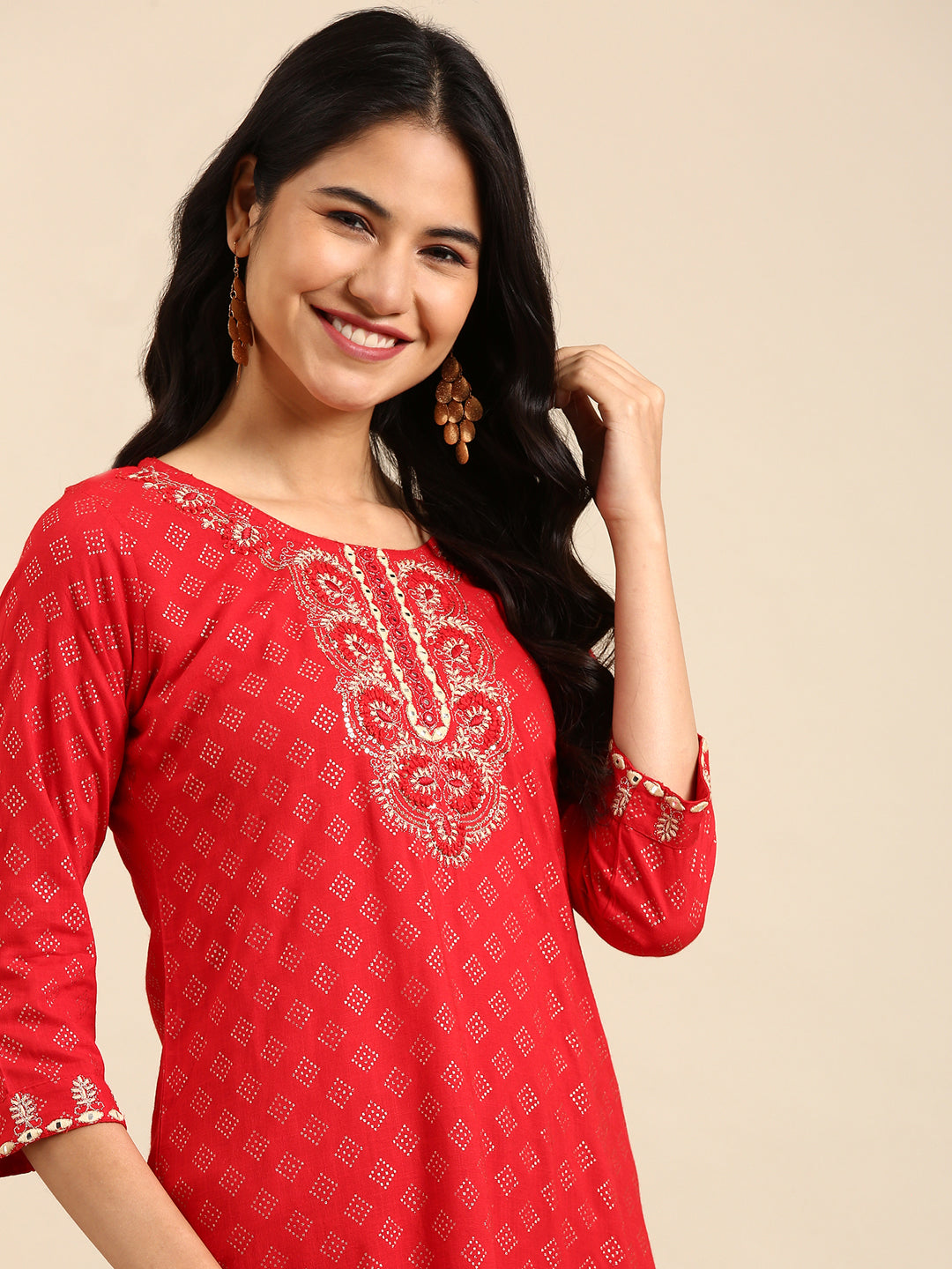 Women's Red Embroidered Straight Kurta