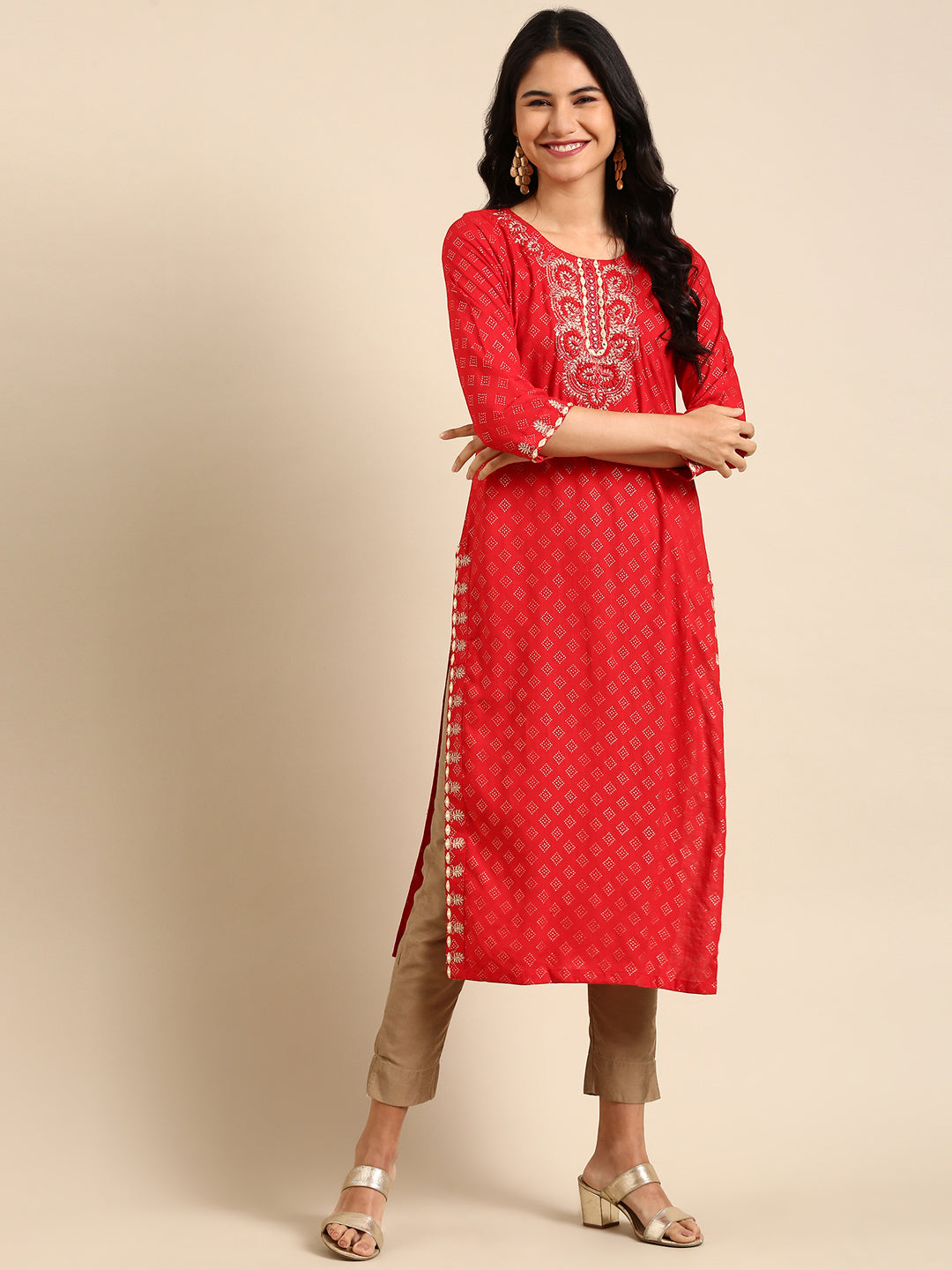 Women's Red Embroidered Straight Kurta