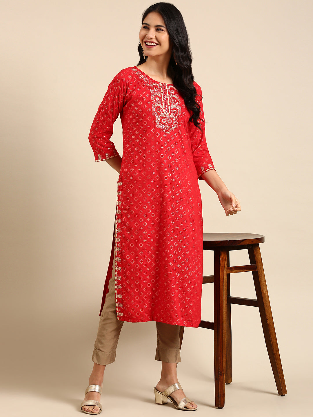 Women's Red Embroidered Straight Kurta