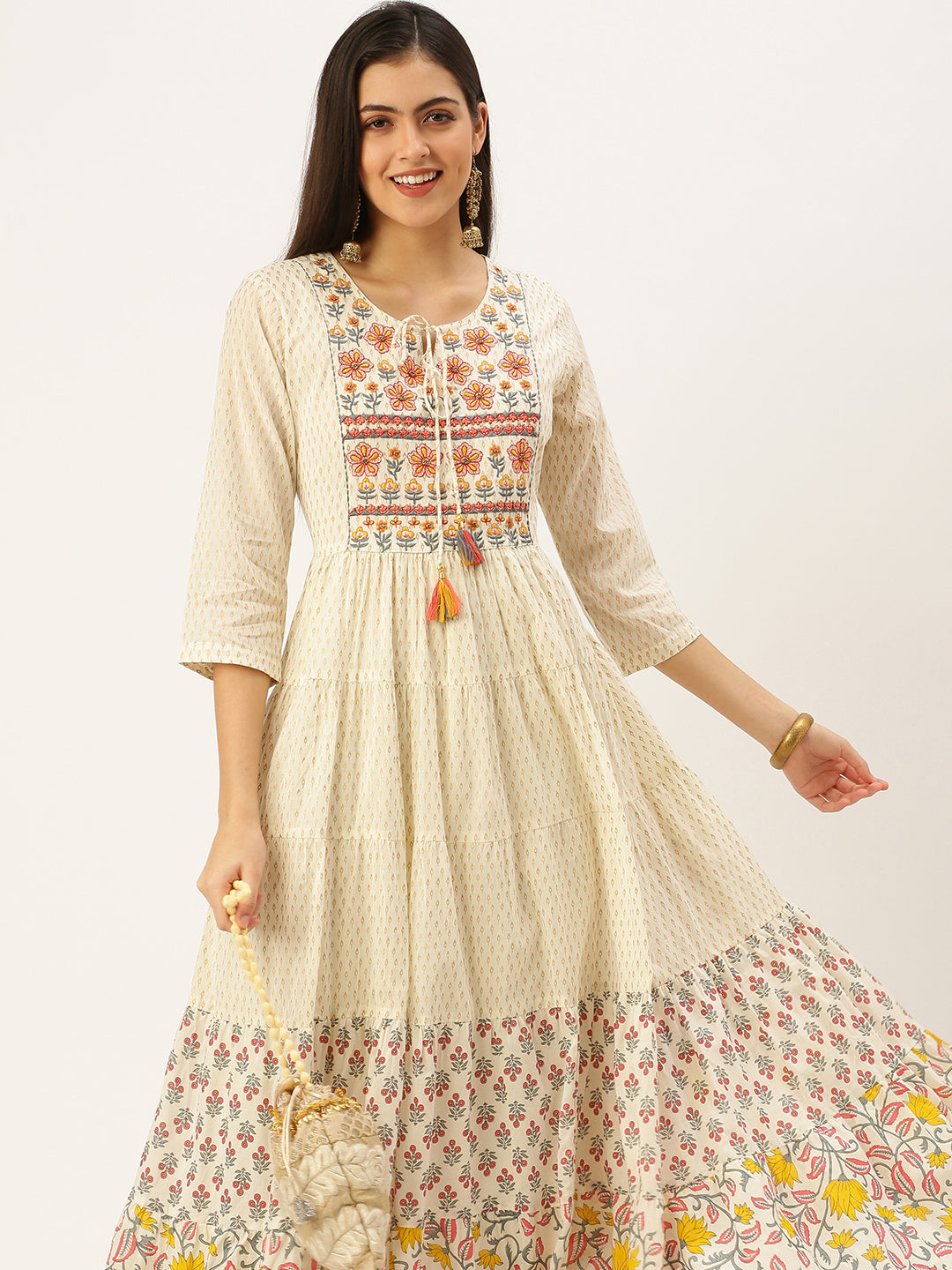 Women's Beige Printed Anarkali Kurtas