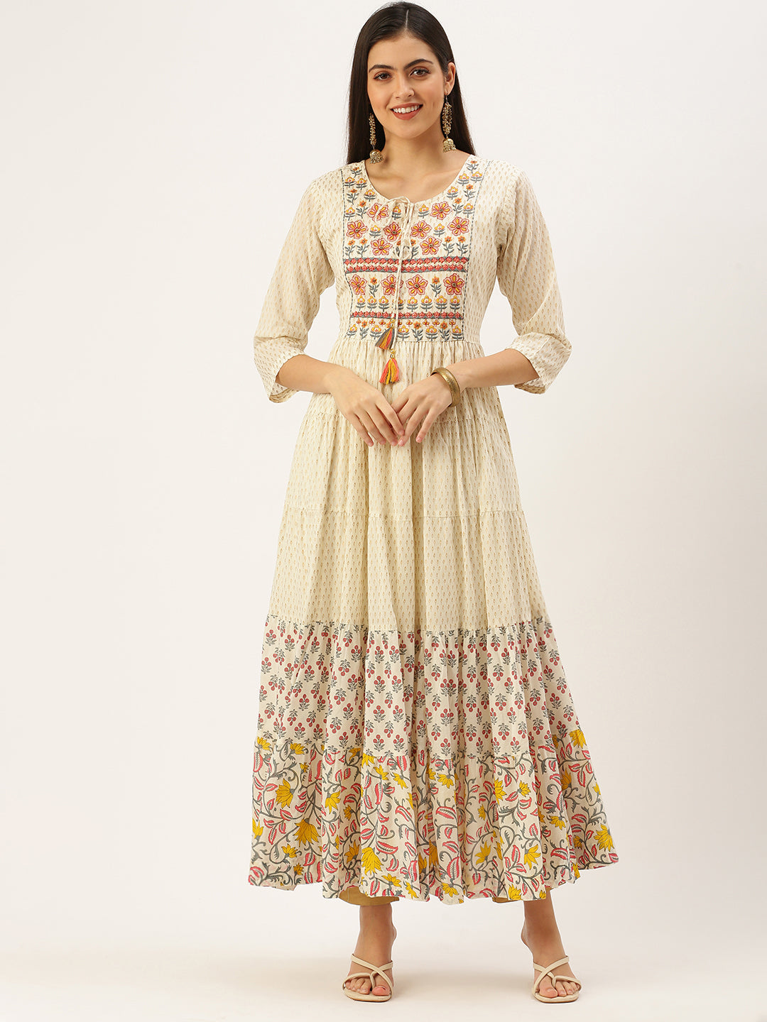 Women's Beige Printed Anarkali Kurtas