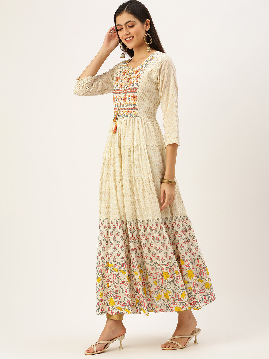 Women's Beige Printed Anarkali Kurtas