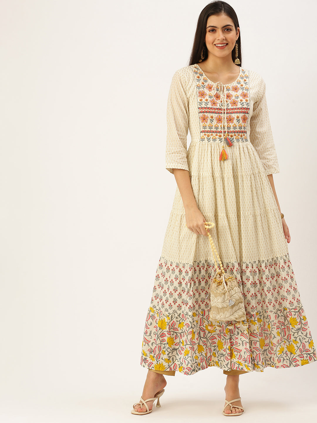 Women's Beige Printed Anarkali Kurtas