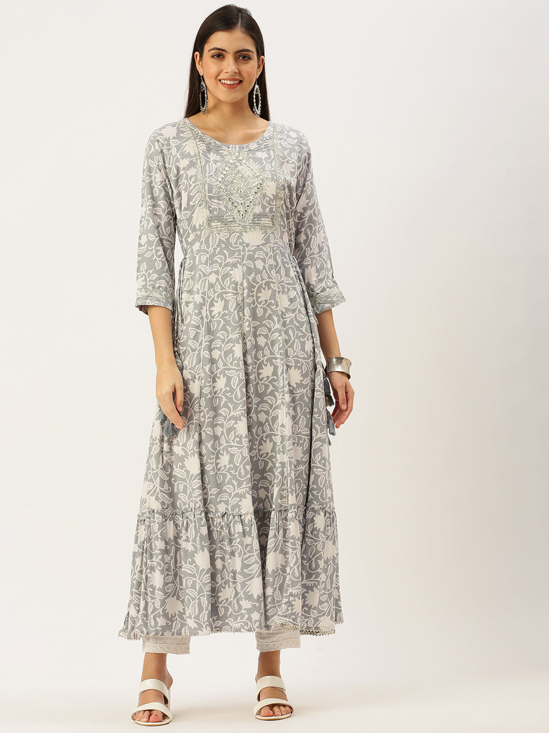 Women's Grey Printed Anarkali Kurtas