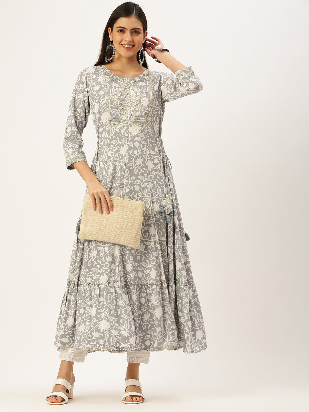 Women's Grey Printed Anarkali Kurtas