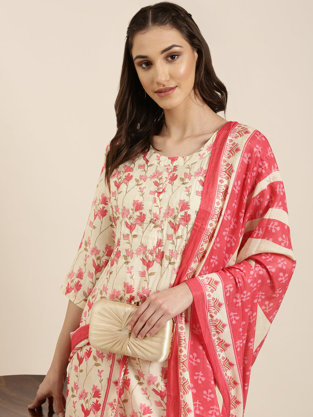 Women Cream Floral Kurta Set