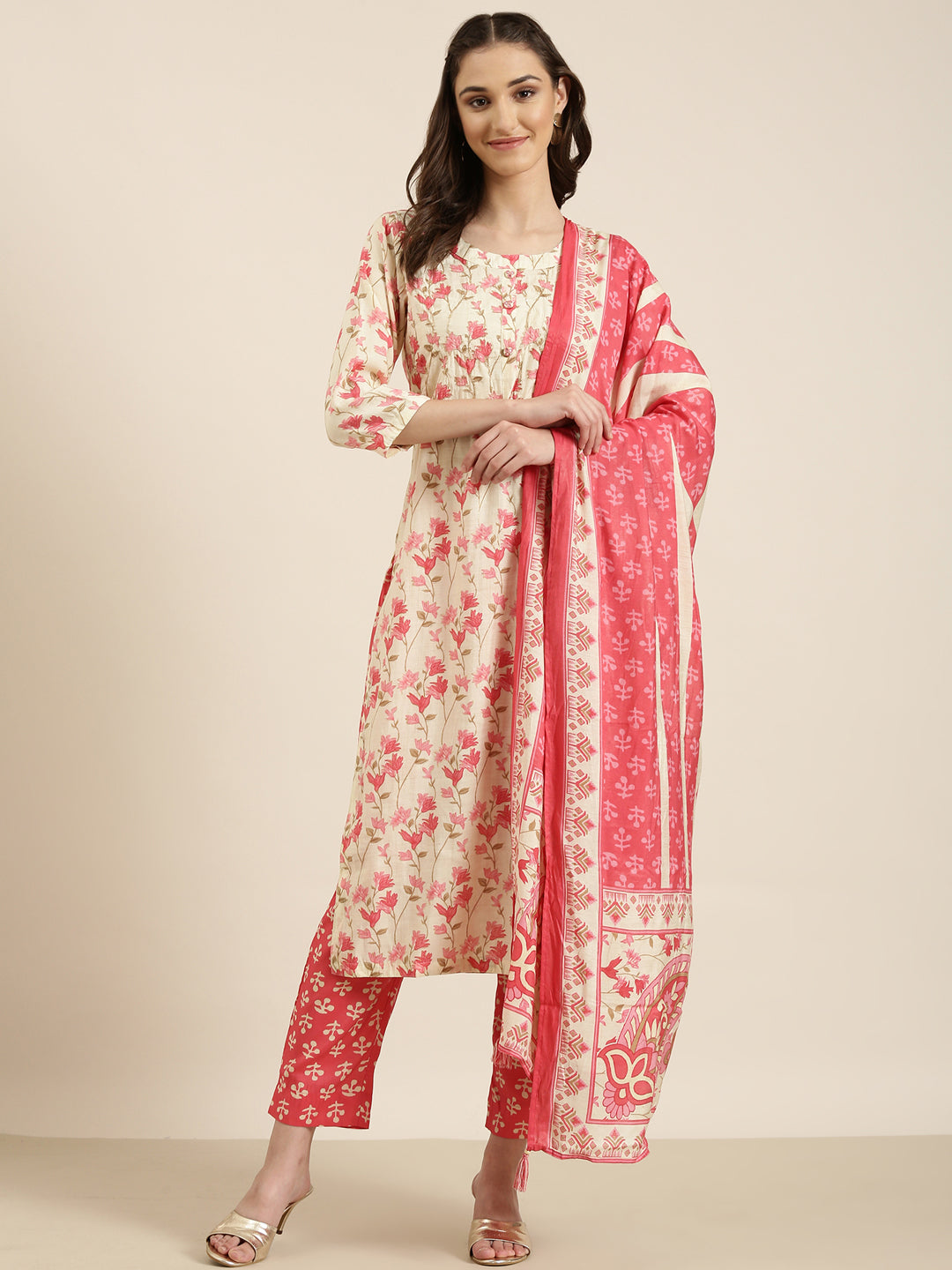 Women Cream Floral Kurta Set