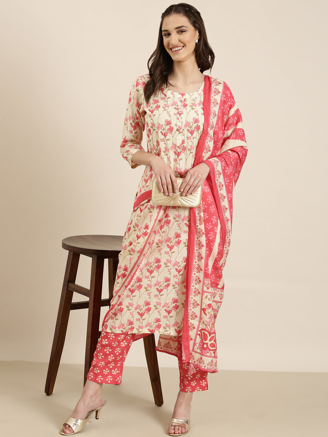 Women Cream Floral Kurta Set