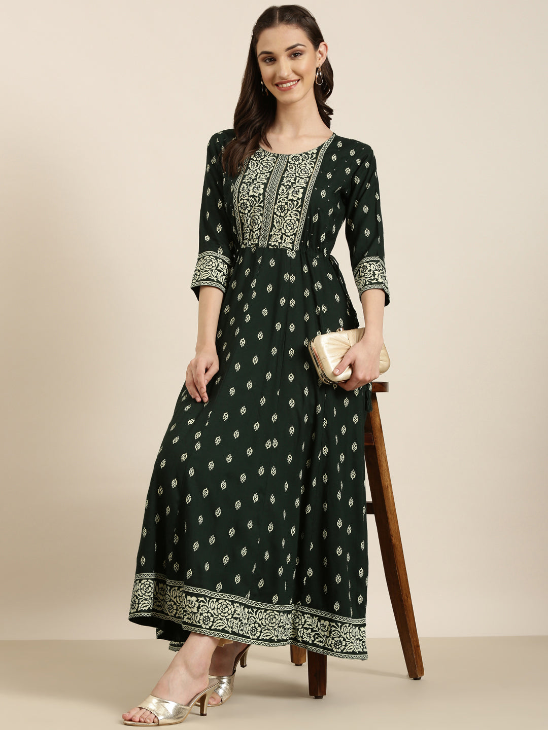 Women Green Floral Anarkali Kurta