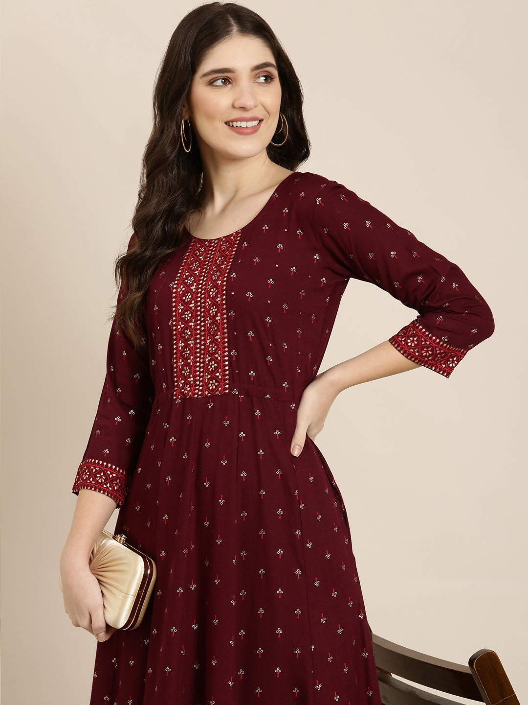 Women Maroon Floral Anarkali Kurta