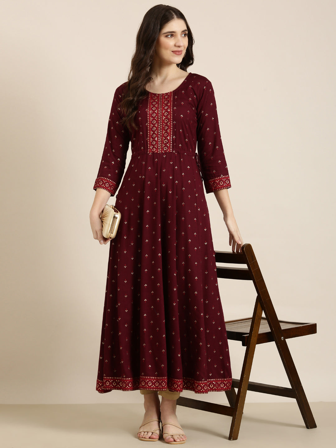 Women Maroon Floral Anarkali Kurta