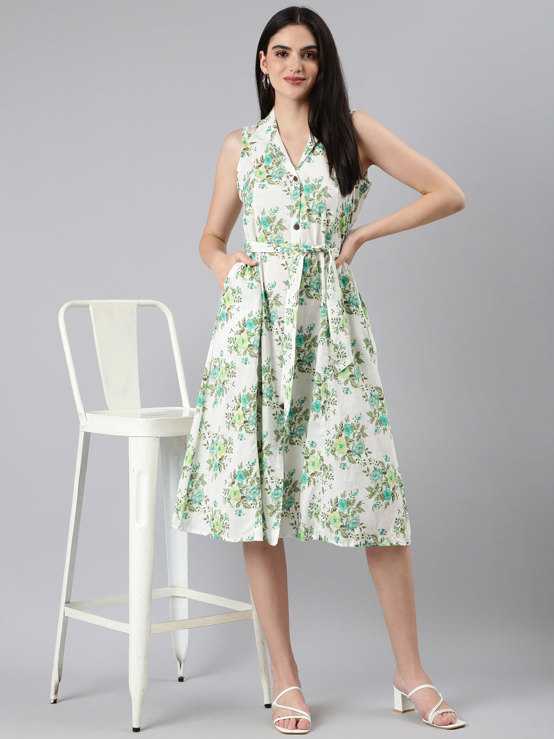 Women's White Floral Printed Shirt Collar Sleeveless Tie-Ups Detail A-Line Dress