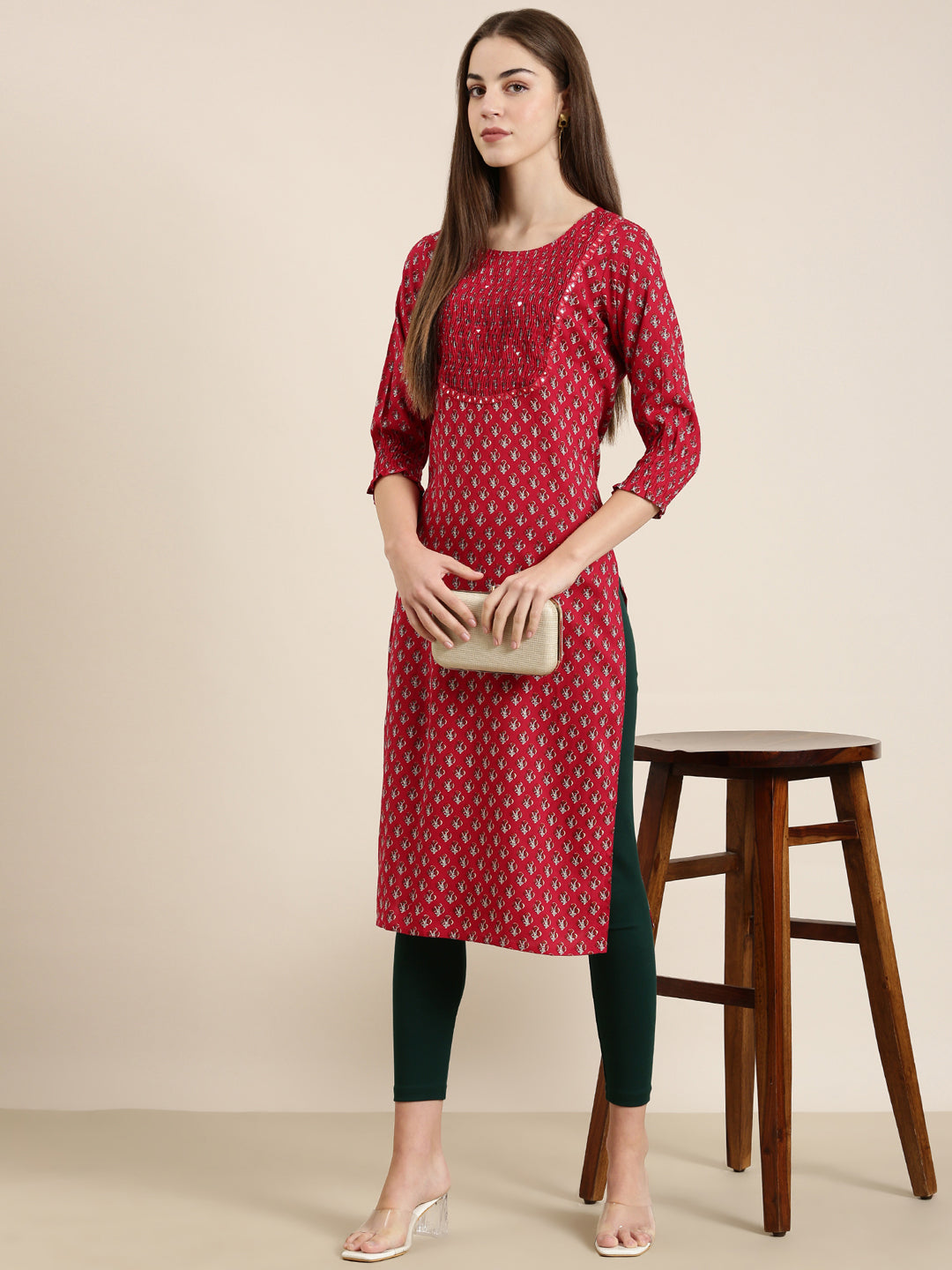Women's Fuchsia Floral Printed Cotton Straight Kurta