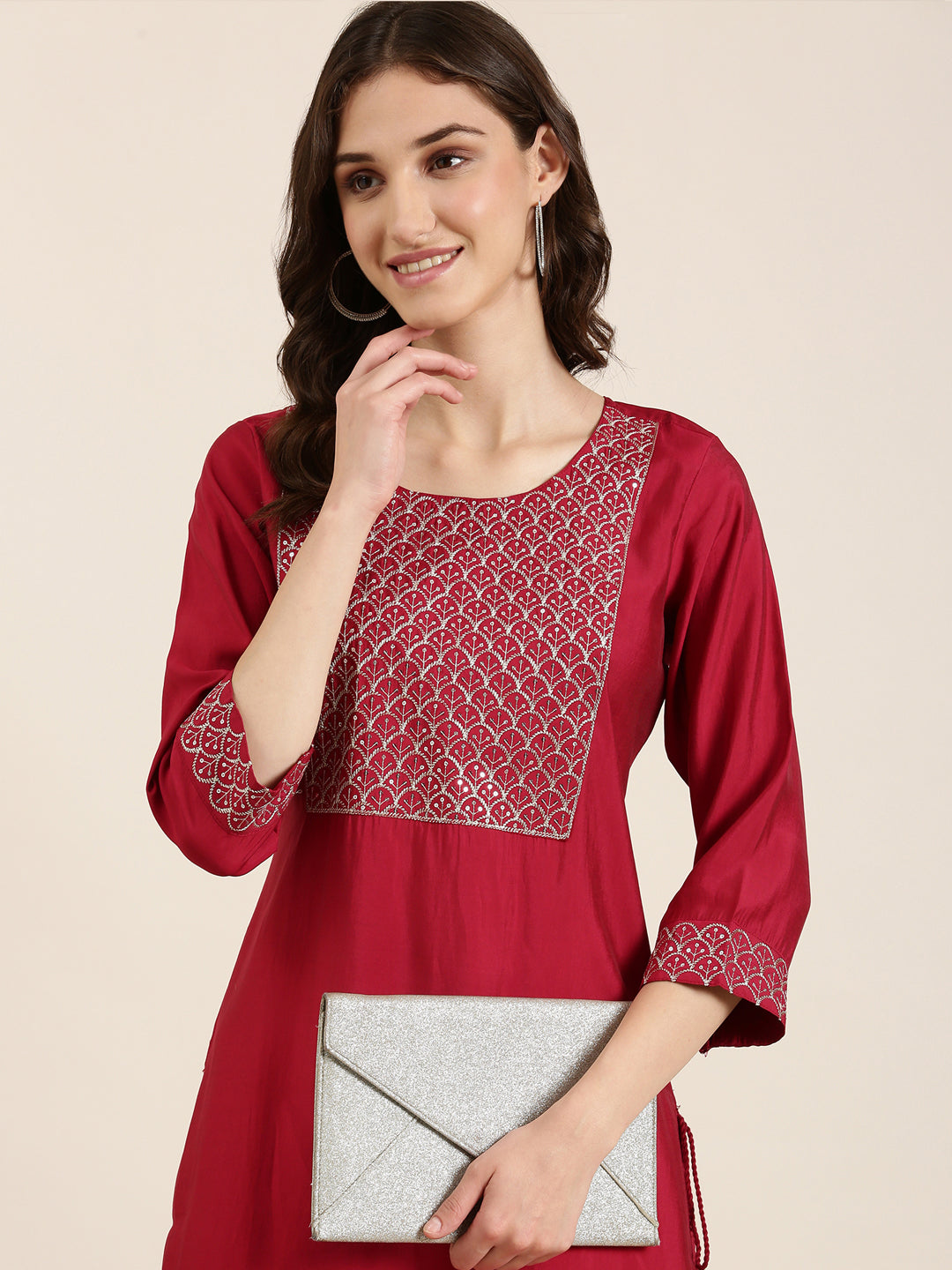 Women Maroon Solid Straight Kurta