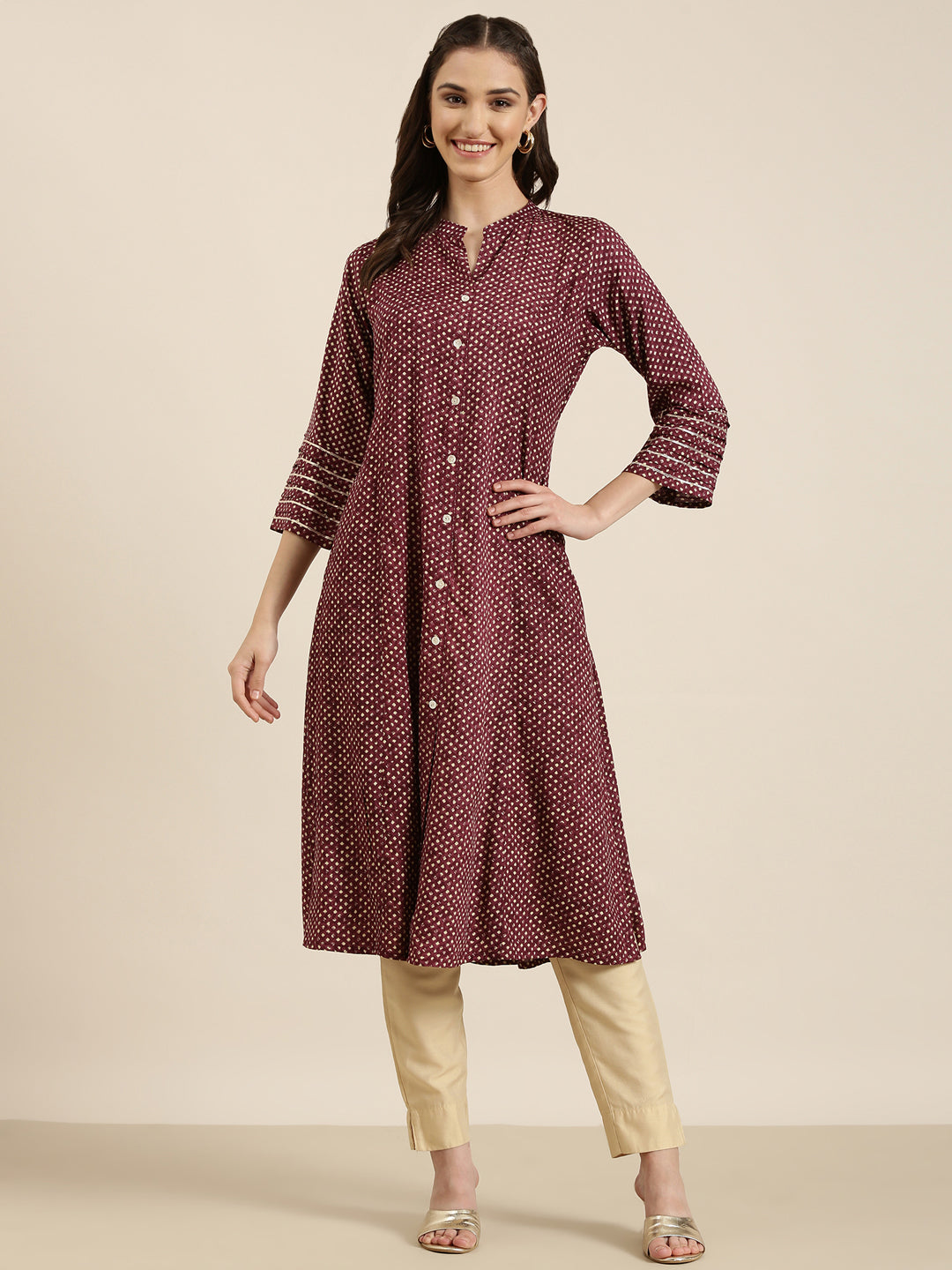 Women Maroon Geometrical A-Line Kurta