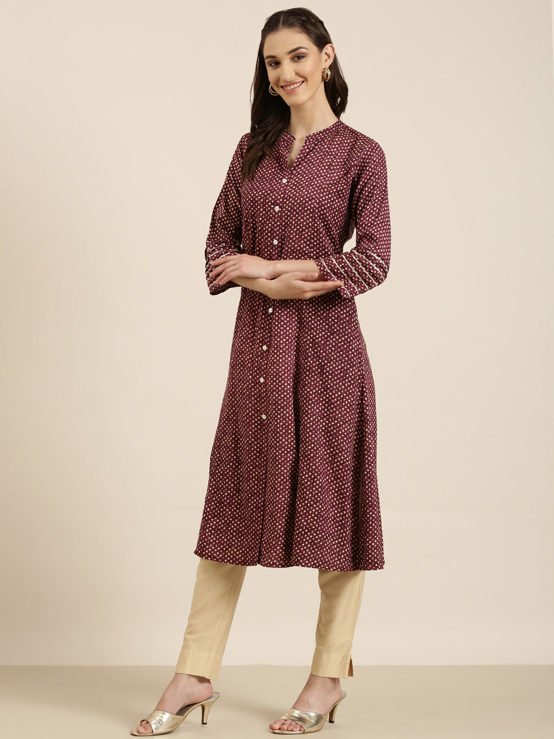 Women Maroon Geometrical A-Line Kurta