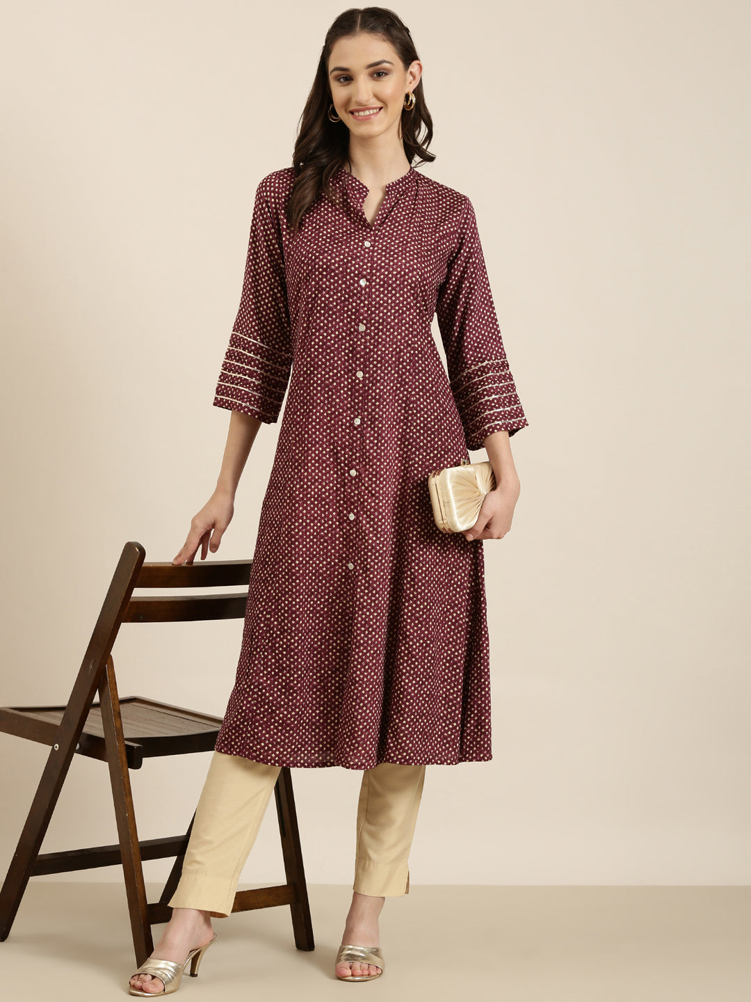 Women Maroon Geometrical A-Line Kurta