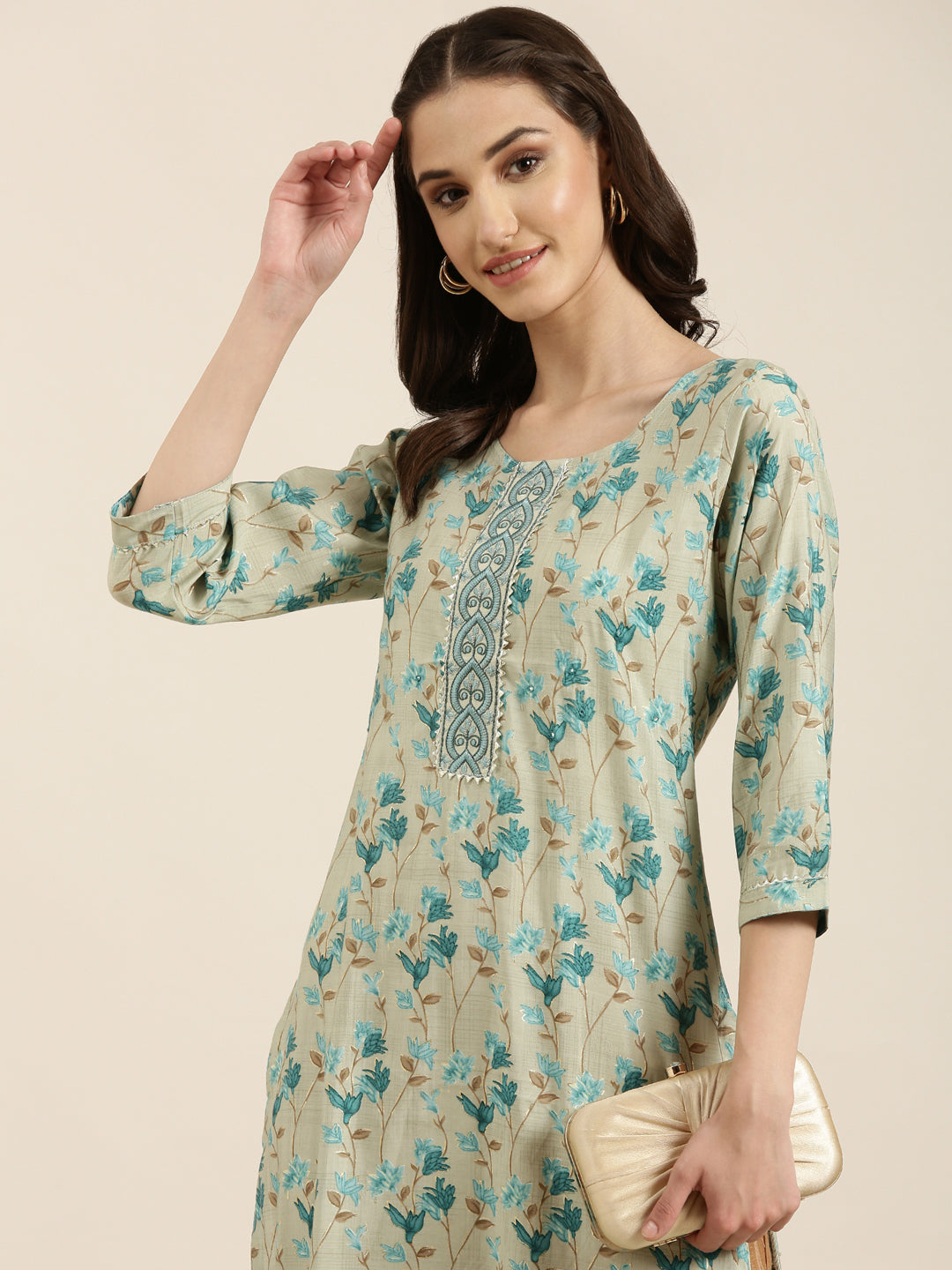 Women Sea Green Floral Straight Kurta