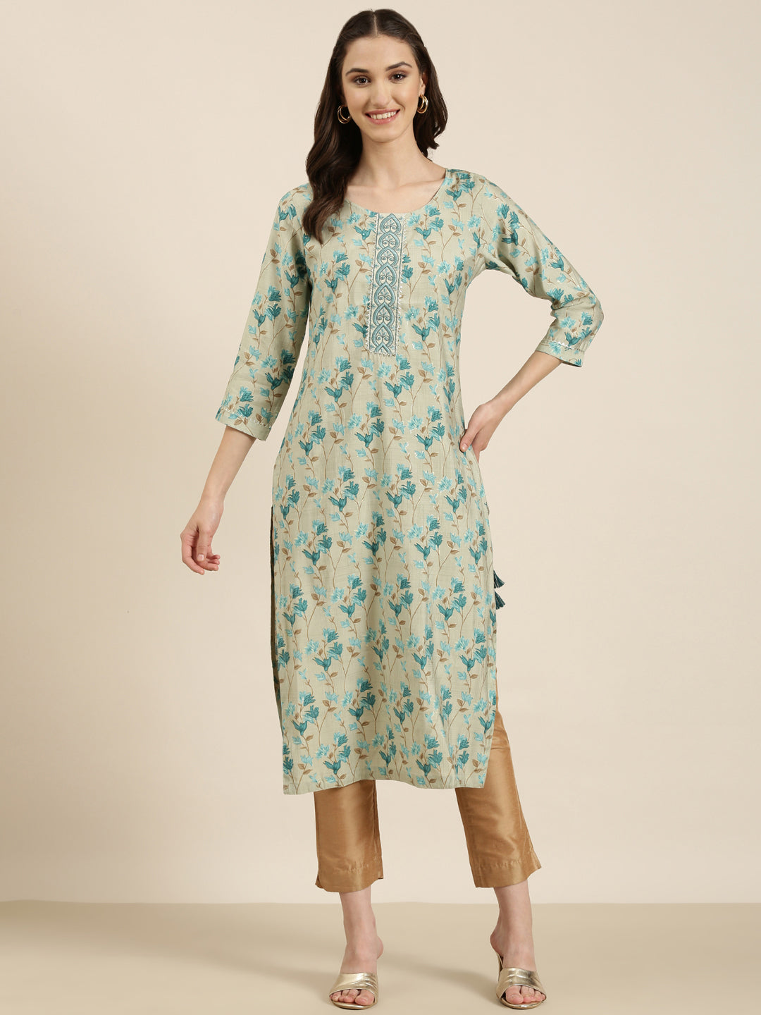 Women Sea Green Floral Straight Kurta