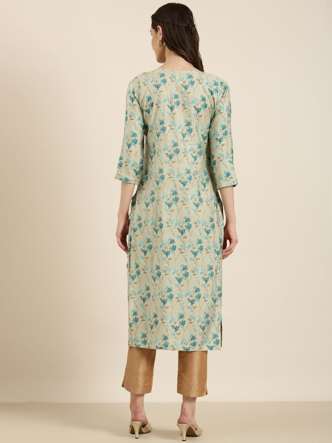 Women Sea Green Floral Straight Kurta