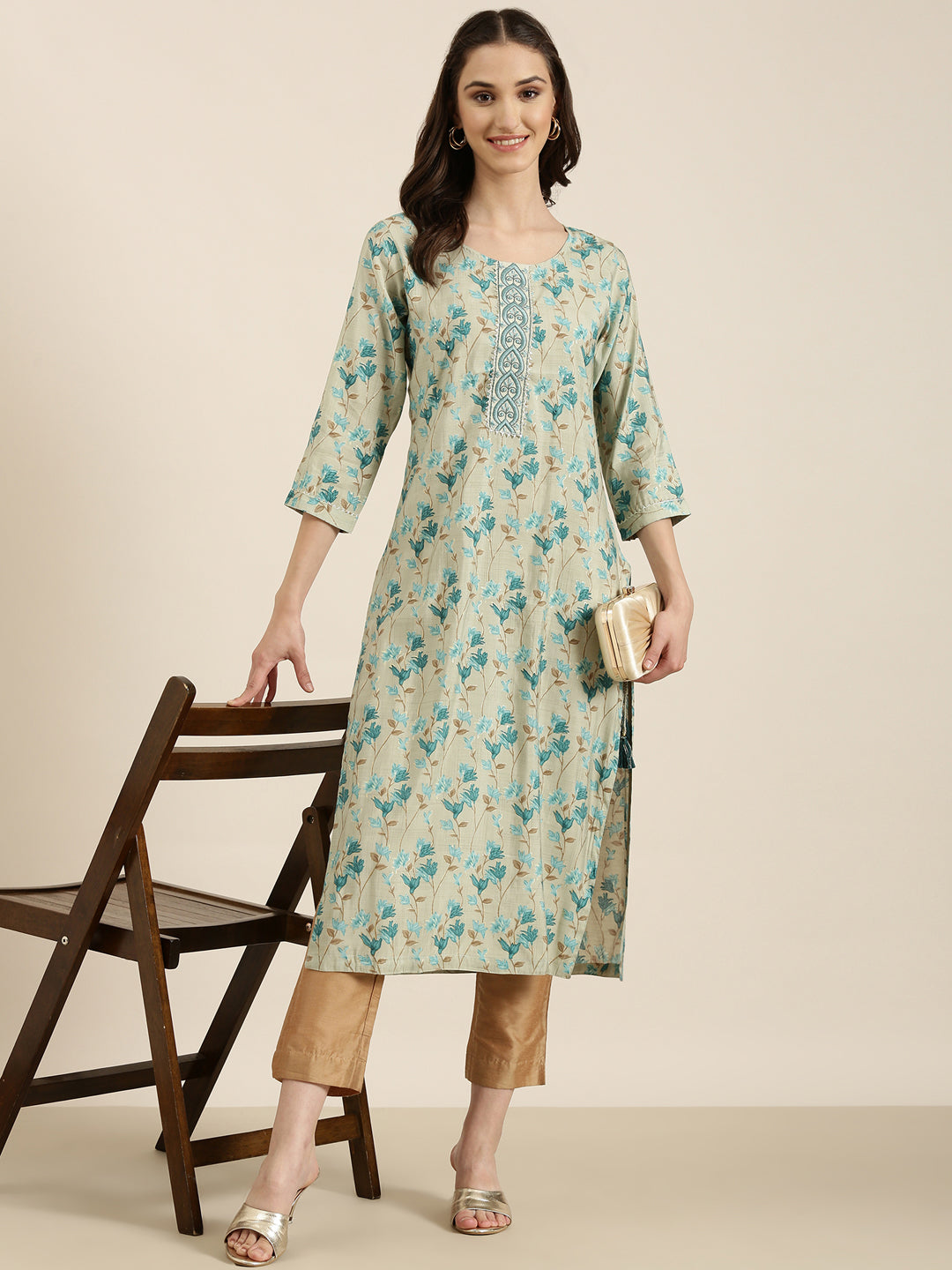 Women Sea Green Floral Straight Kurta