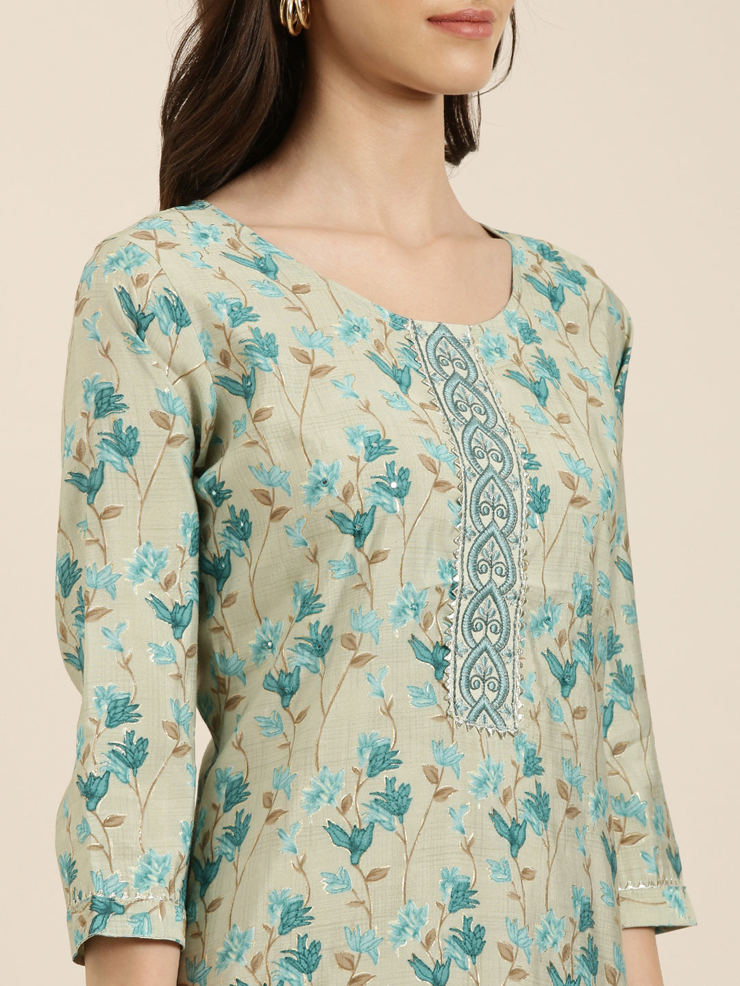 Women Sea Green Floral Straight Kurta